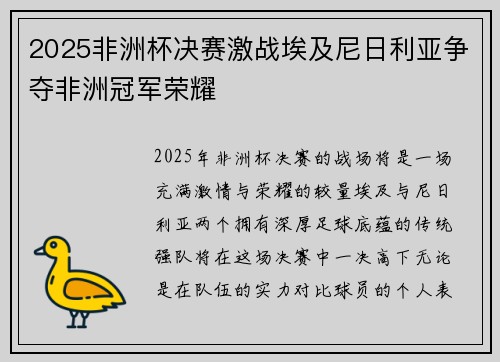 2025非洲杯决赛激战埃及尼日利亚争夺非洲冠军荣耀