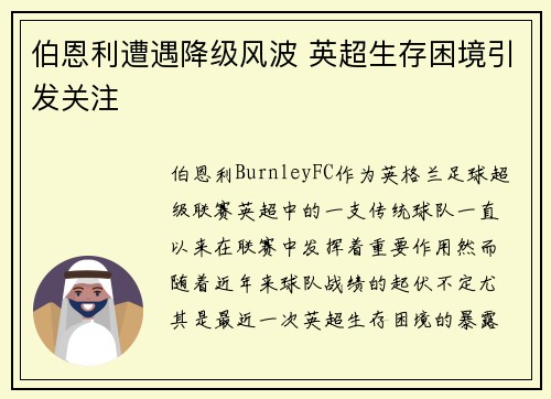 伯恩利遭遇降级风波 英超生存困境引发关注